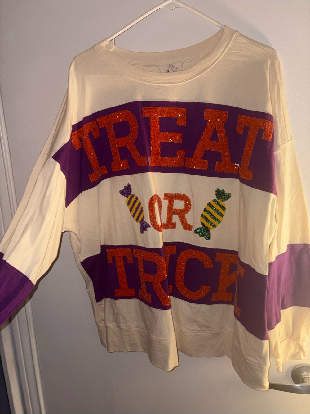 Fantastic Fawn Cream Long Sleeve Top with Purple Panels & Orange Glitter